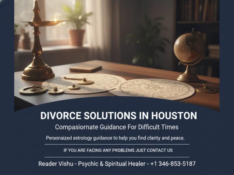 Vedic astrology charts and reading tools on desk in Houston office