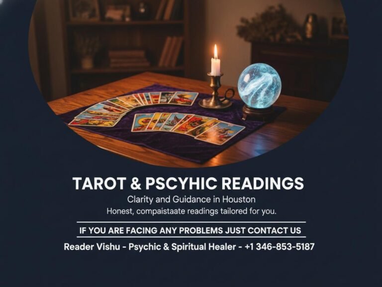 Tarot and psychic reading setup with cards and candle in Houston office