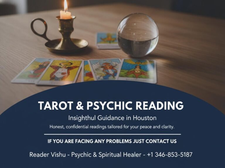 Softly lit tarot and psychic reading setup in Houston, TX office