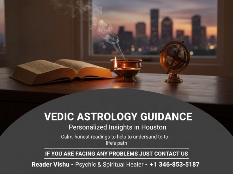 Calm spiritual scene with vedic astrologer tools Houston office