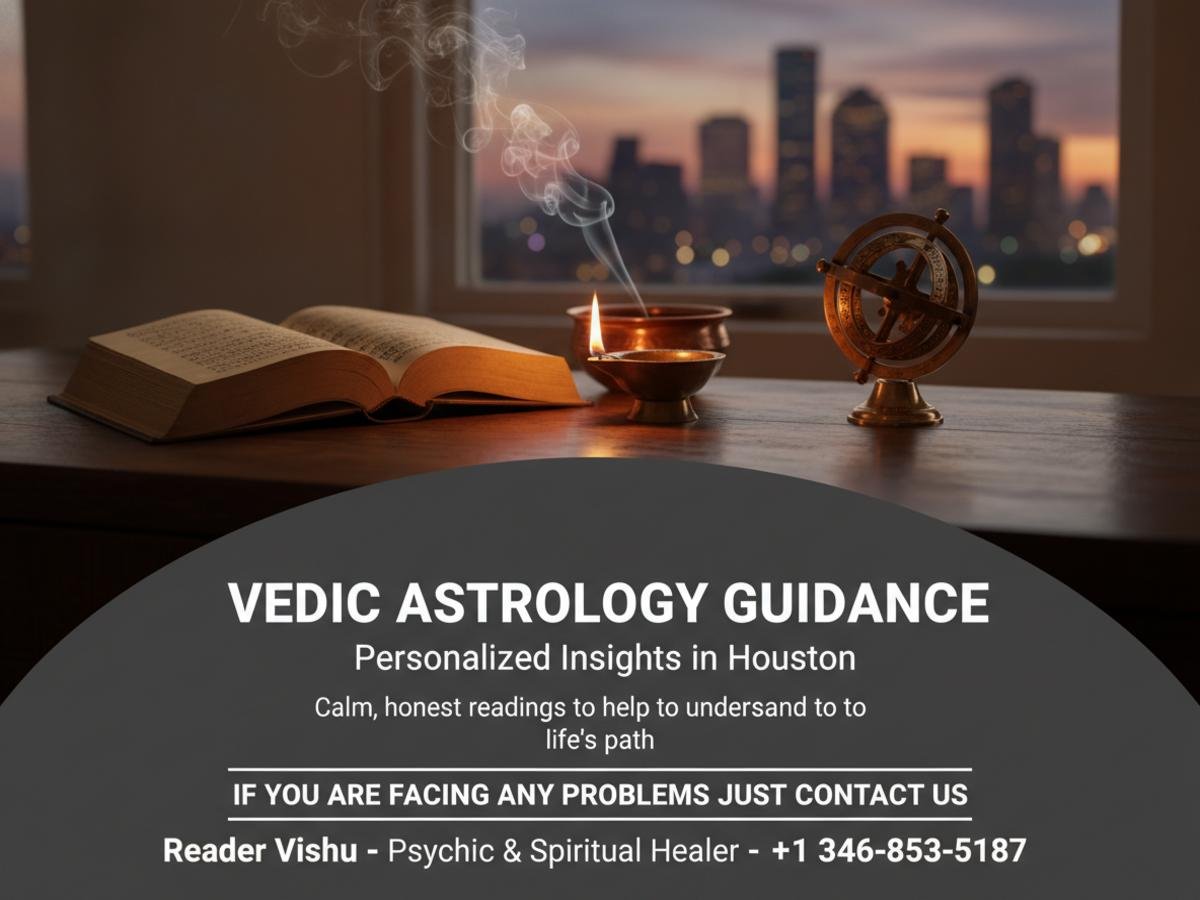 How a Vedic Astrologer in Houston Can Help You Find Clarity Calm spiritual scene with vedic astrologer tools Houston office
