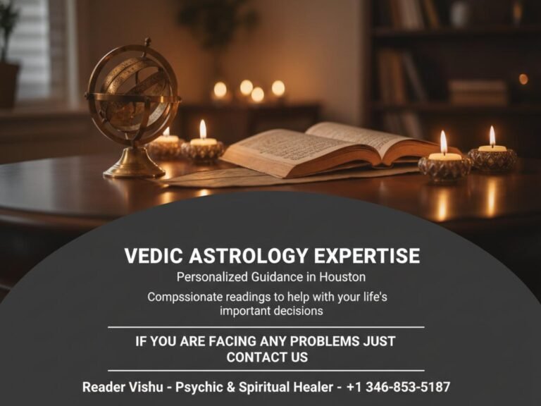 Vedic astrologer tools on desk in calm Houston office lighting
