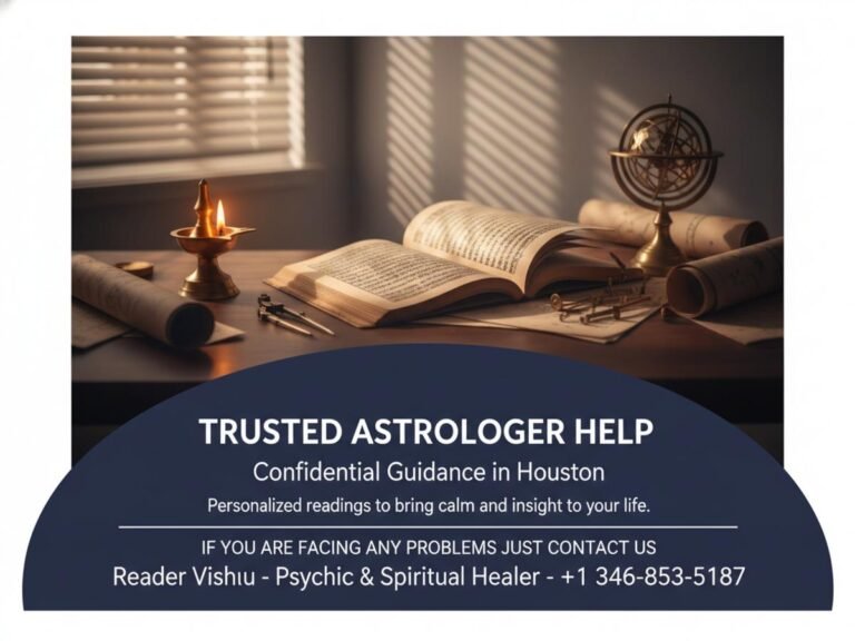 peaceful Vedic astrologer workspace with astrology tools Houston