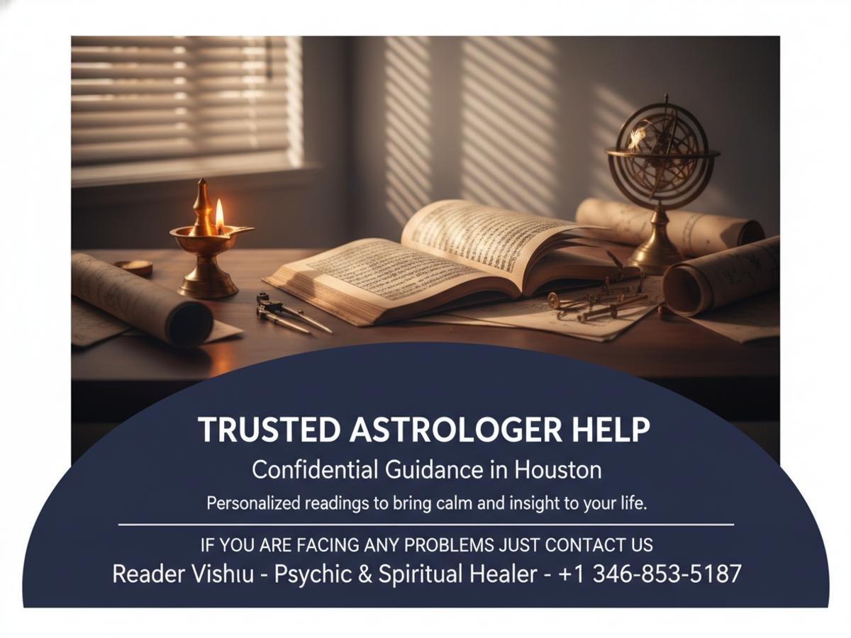 peaceful Vedic astrologer workspace with astrology tools Houston