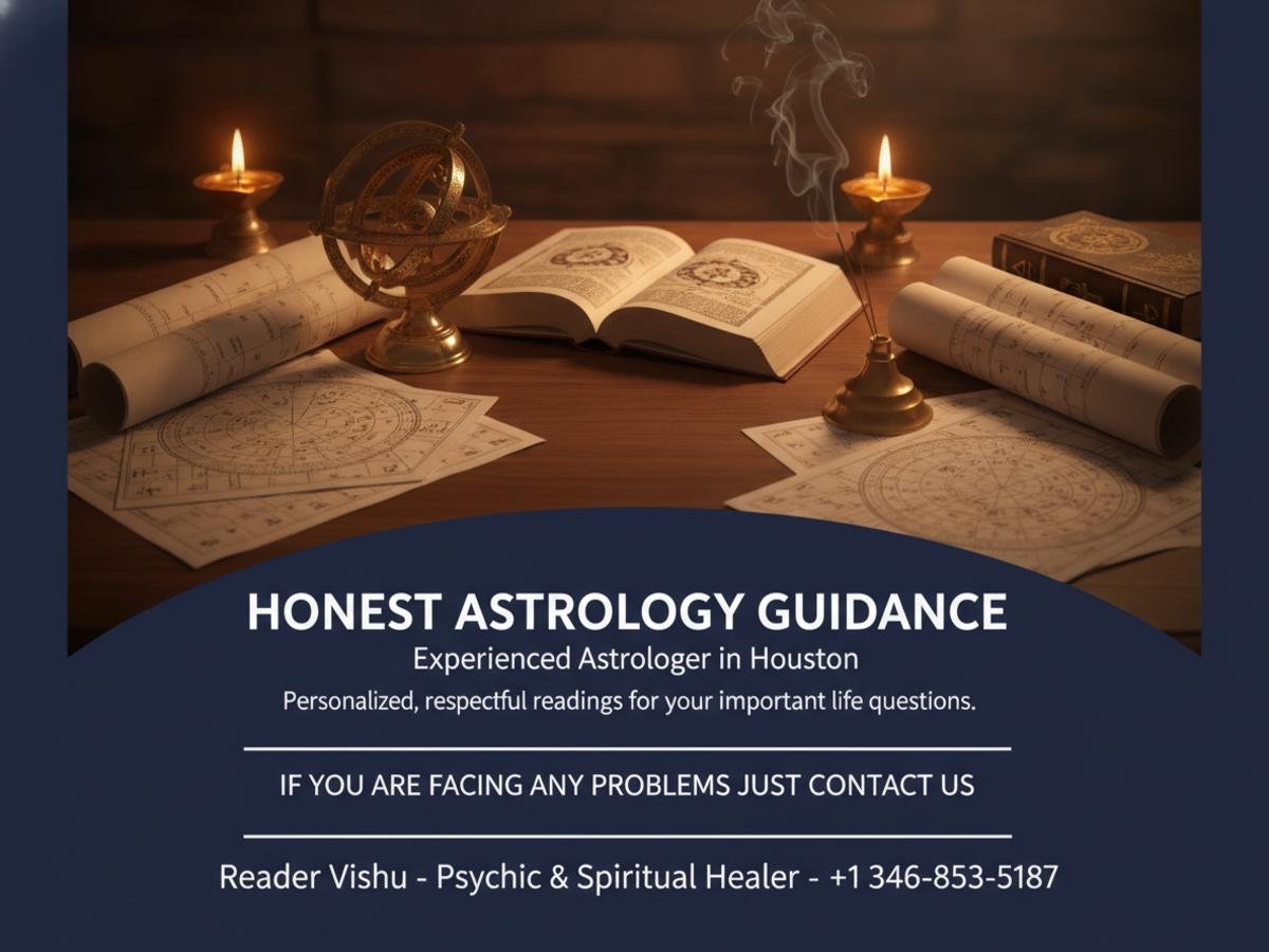 Vedic astrology tools and birth chart in Houston room lighting