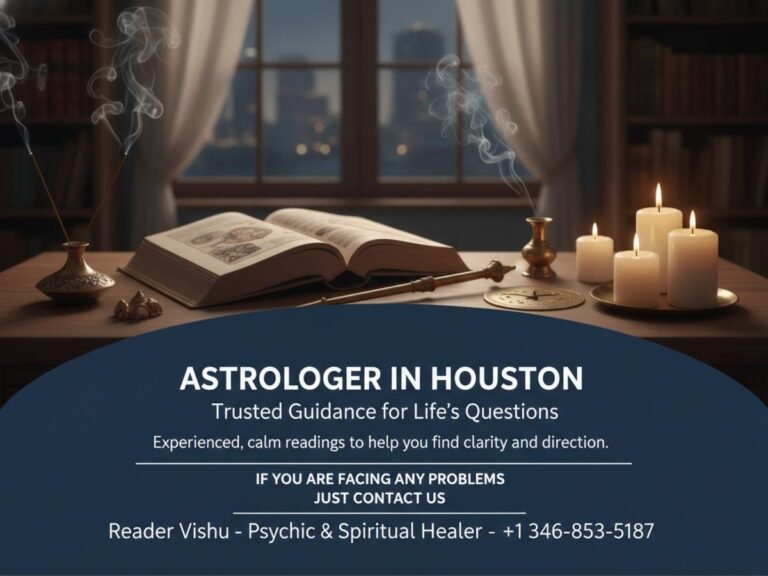Vedic astrology chart and tools on a desk in Houston room