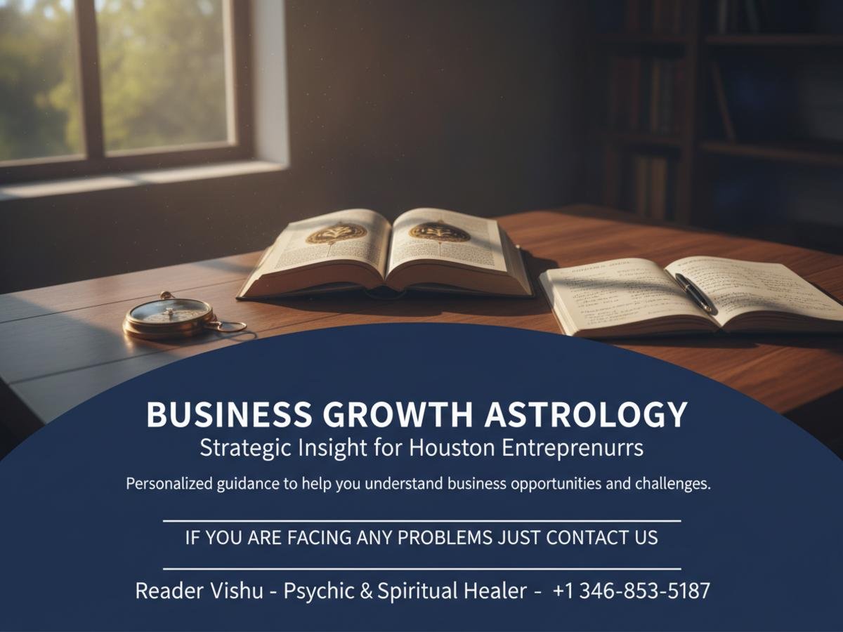 Business growth astrology reading tools on a wooden desk in Houston
