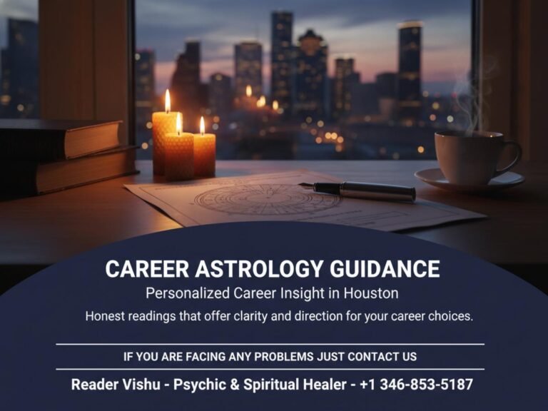 Career consultation astrology setup with Houston city background at dusk