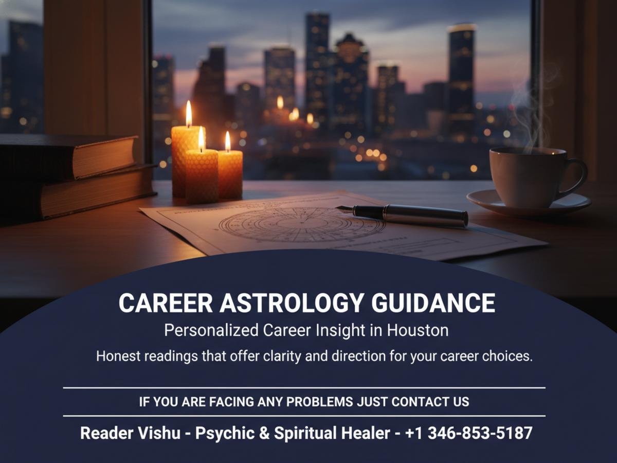 Career consultation astrology setup with Houston city background at dusk