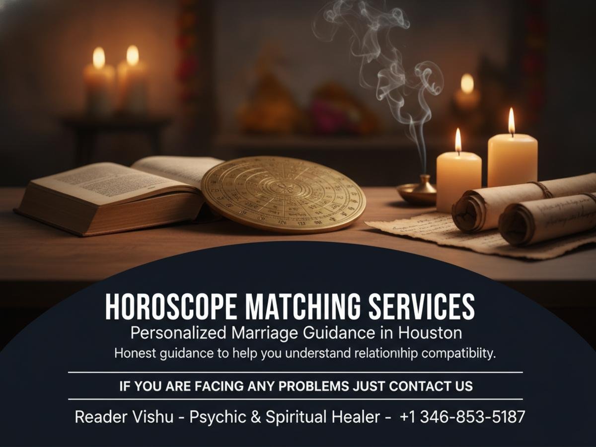 Horoscope matching for marriage materials on wooden table in Houston room