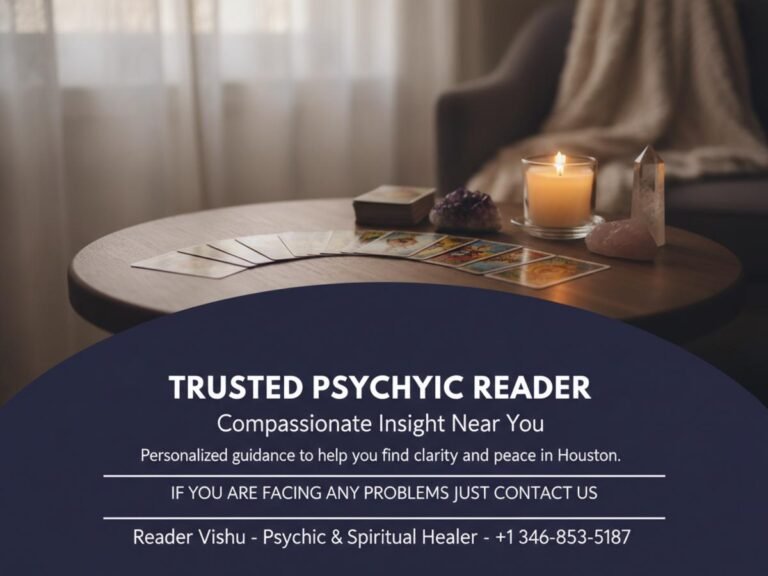 Calm spiritual reading space with tarot and crystals in Houston