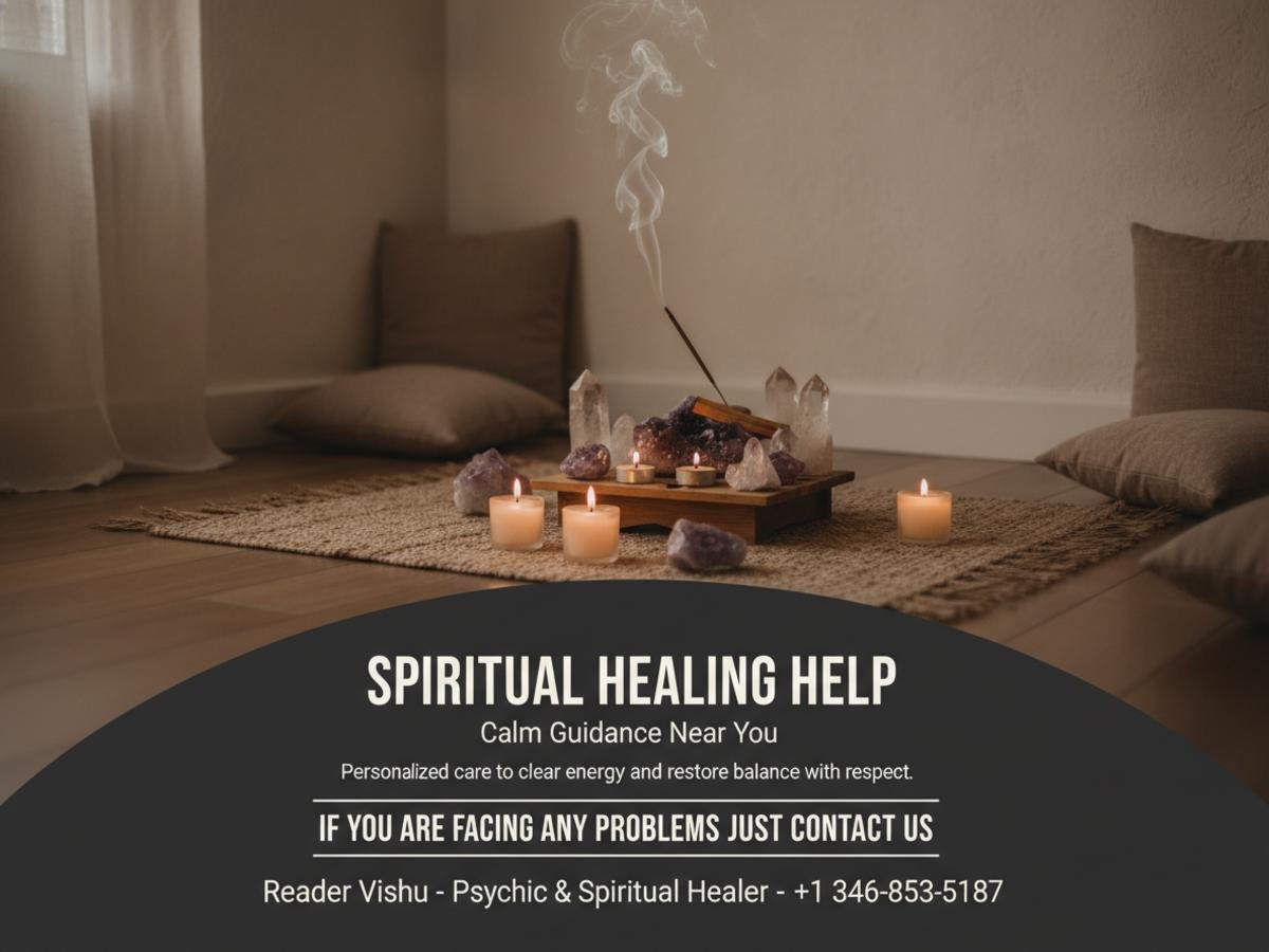 Calm spiritual healing setup with altar in Houston office
