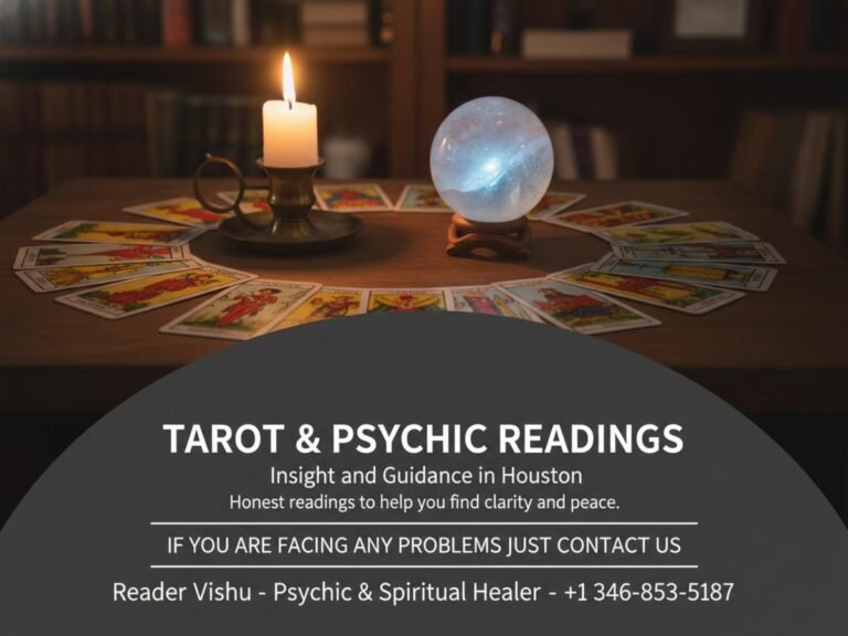 Tarot and psychic reading setup with cards and crystals in Houston
