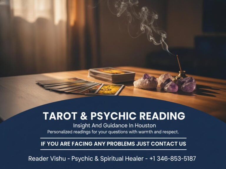 tarot and psychic reading setup with cards and crystals in Houston
