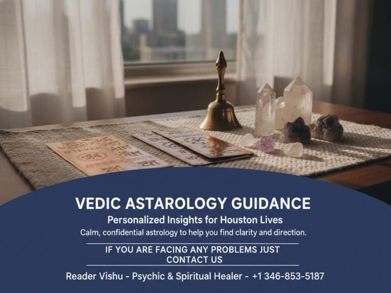 Vedic astrologer tools on wooden desk Houston TX