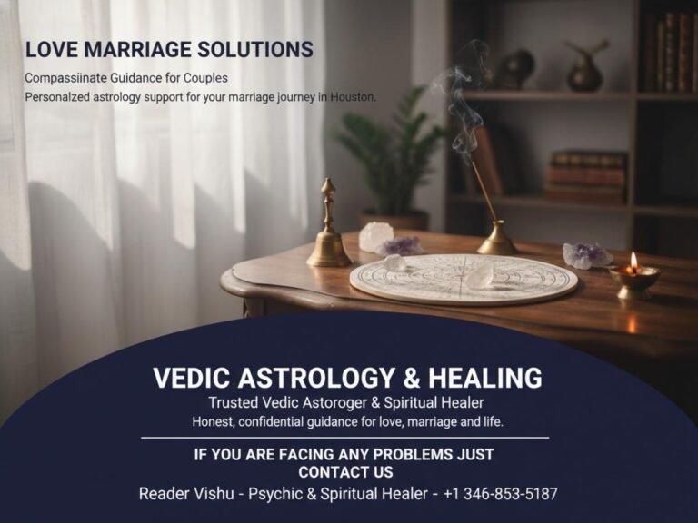 Calm consultation setting with Vedic astrology charts for love marriage solutions astrologer Houston