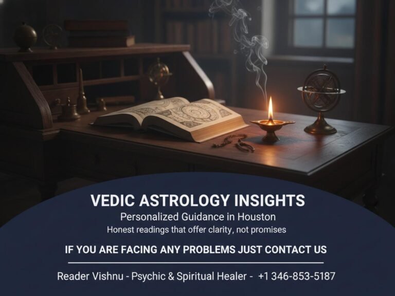 Open ancient vedic astrology book with instruments in Houston setting