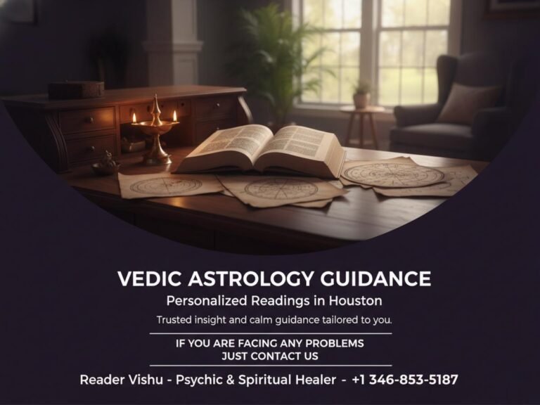 Vedic astrologer charts and books on calm desk in Houston practice