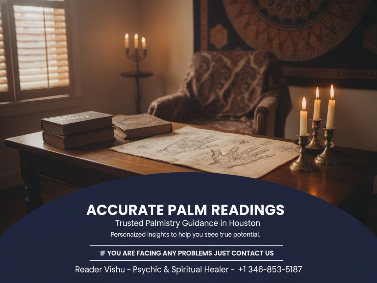 How a Best Palm Reader in Houston Can Clarify Your Path Calm scene of a palmistry setup in Houston with palm charts and soft lighting
